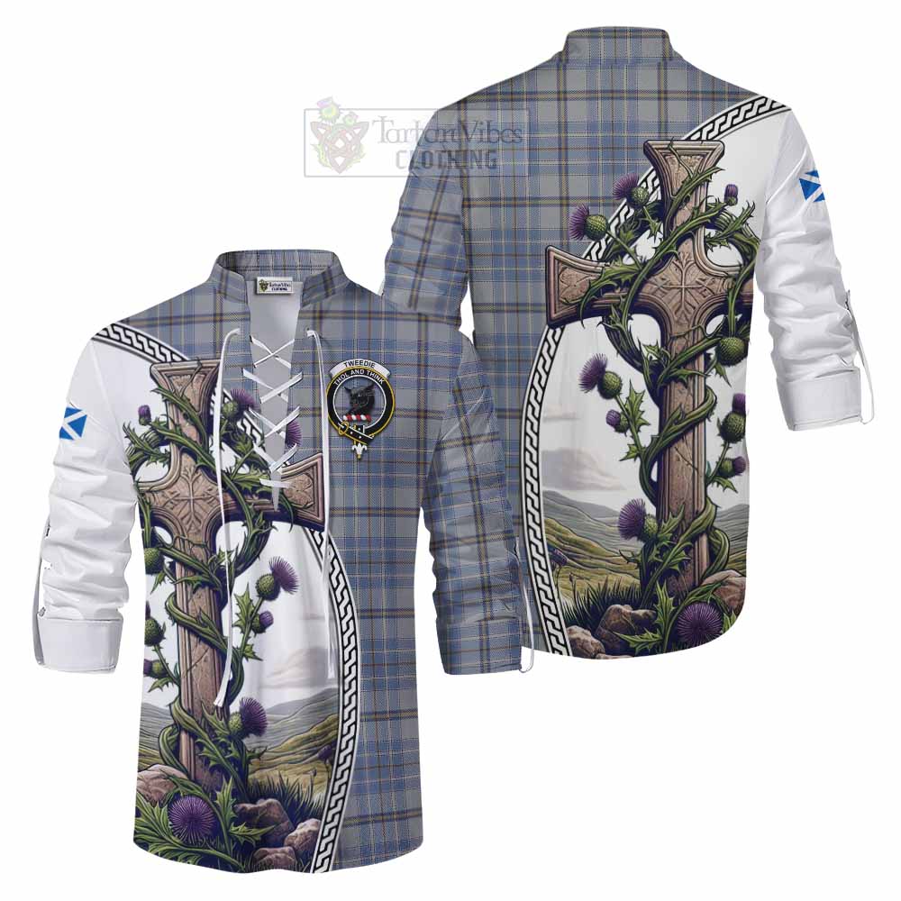 Tartan Vibes Clothing Tweedie Tartan Ghillie Kilt Shirt with Family Crest and St. Andrew's Cross Accented by Thistle Vines