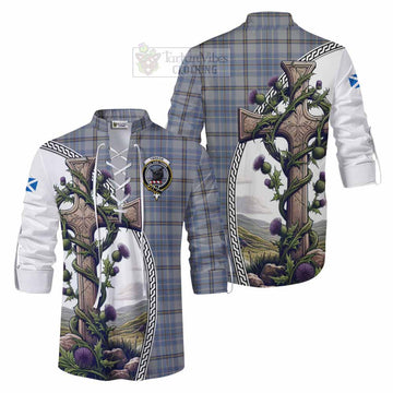 Tweedie Tartan Ghillie Kilt Shirt with Family Crest and St. Andrew's Cross Accented by Thistle Vines