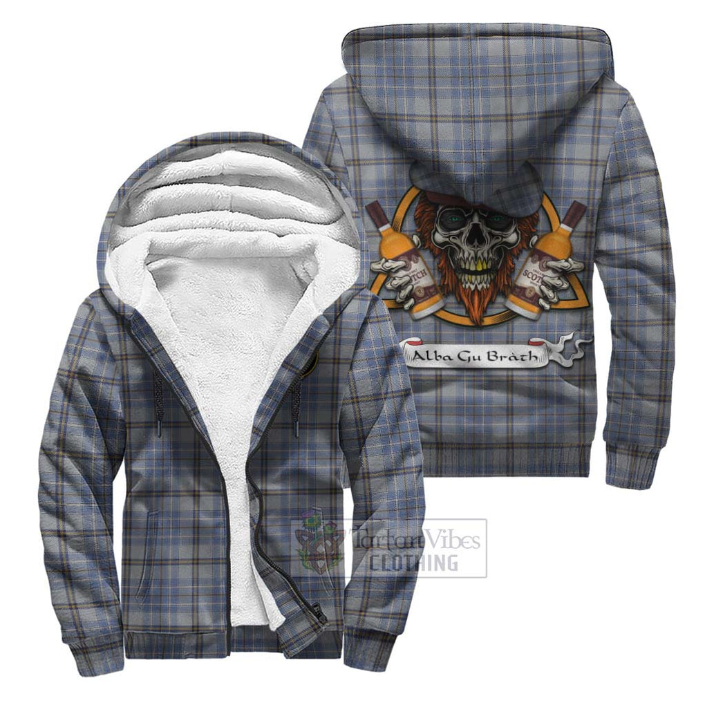 Tartan Vibes Clothing Tweedie Tartan Sherpa Hoodie with Family Crest and Bearded Skull Holding Bottles of Whiskey