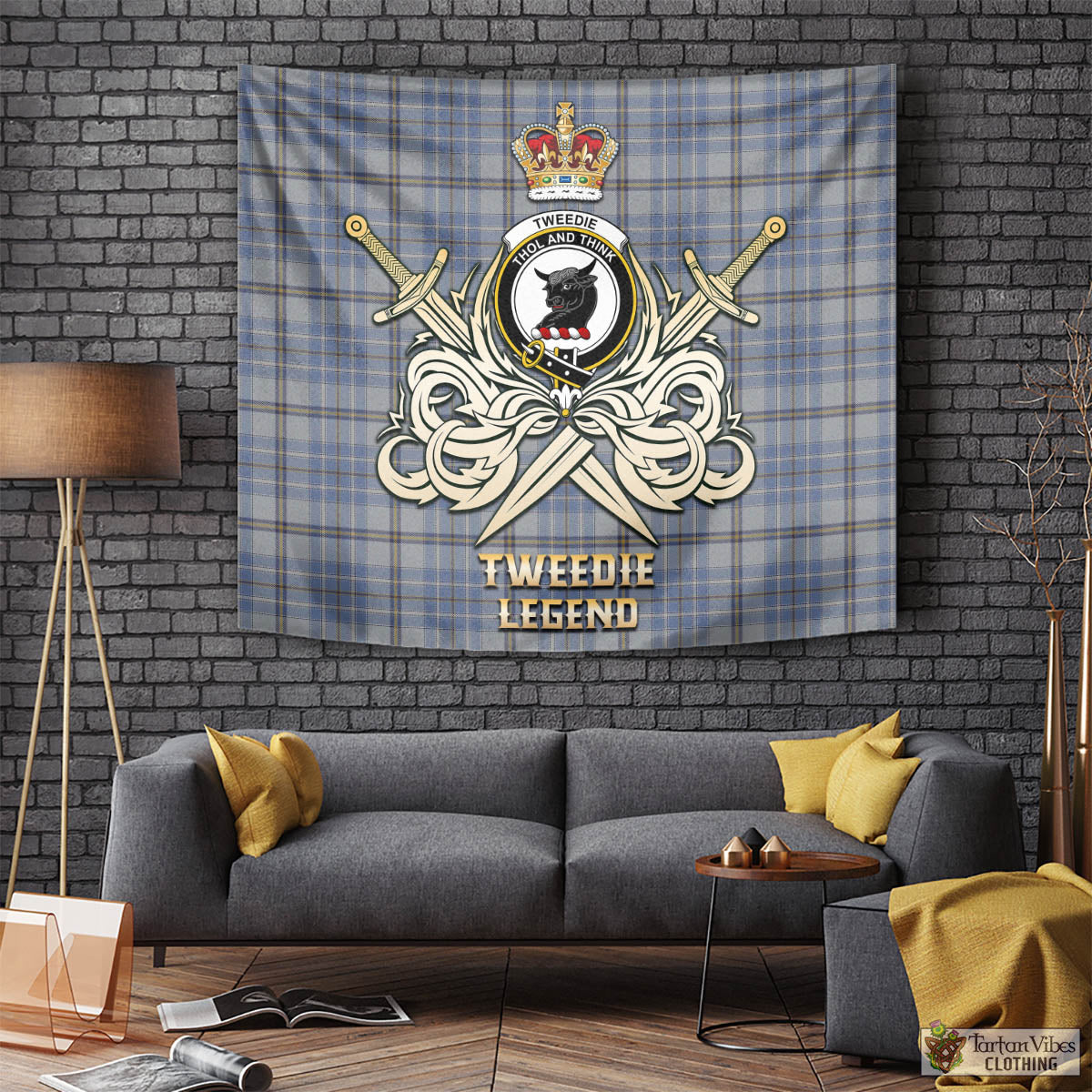 Tartan Vibes Clothing Tweedie Tartan Tapestry with Clan Crest and the Golden Sword of Courageous Legacy