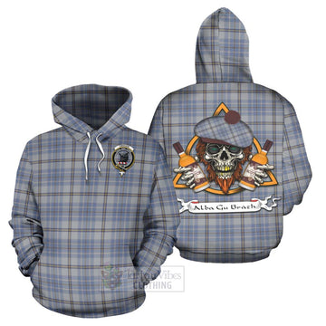 Tweedie Tartan Hoodie with Family Crest and Bearded Skull Holding Bottles of Whiskey