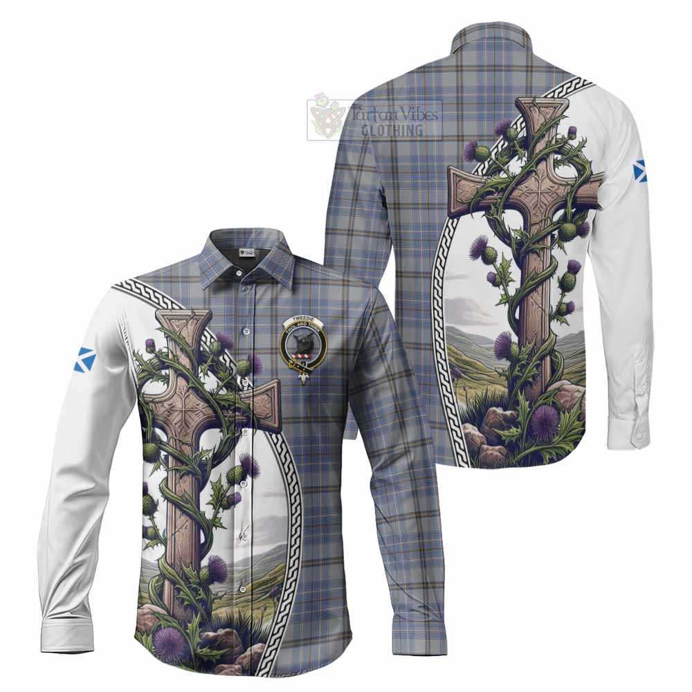 Tartan Vibes Clothing Tweedie Tartan Long Sleeve Button Shirt with Family Crest and St. Andrew's Cross Accented by Thistle Vines