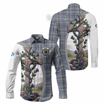 Tweedie Tartan Long Sleeve Button Shirt with Family Crest and St. Andrew's Cross Accented by Thistle Vines