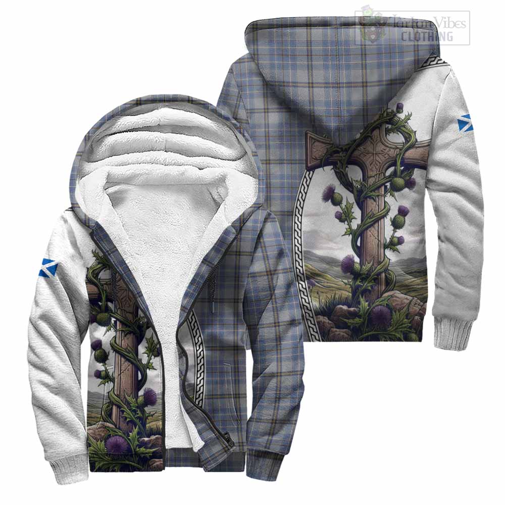 Tartan Vibes Clothing Tweedie Tartan Sherpa Hoodie with Family Crest and St. Andrew's Cross Accented by Thistle Vines