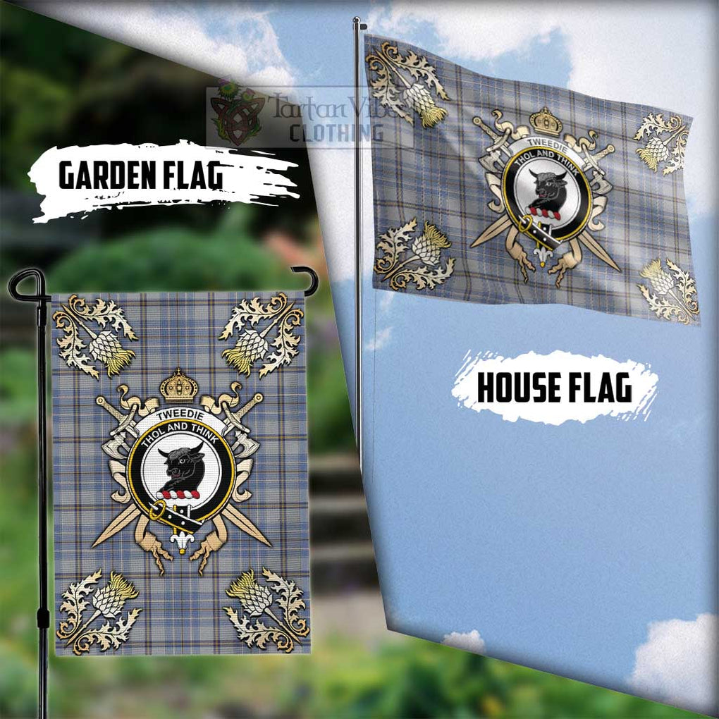 Tartan Vibes Clothing Tweedie Tartan Flag with Family Crest and Golden Thistle Crossed Sword Design