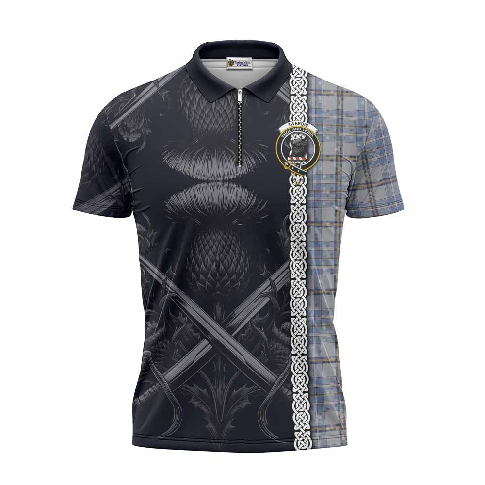 Tartan Vibes Clothing Tweedie Tartan Zipper Polo Shirt with Family Crest Cross Sword Thistle Celtic Vibes