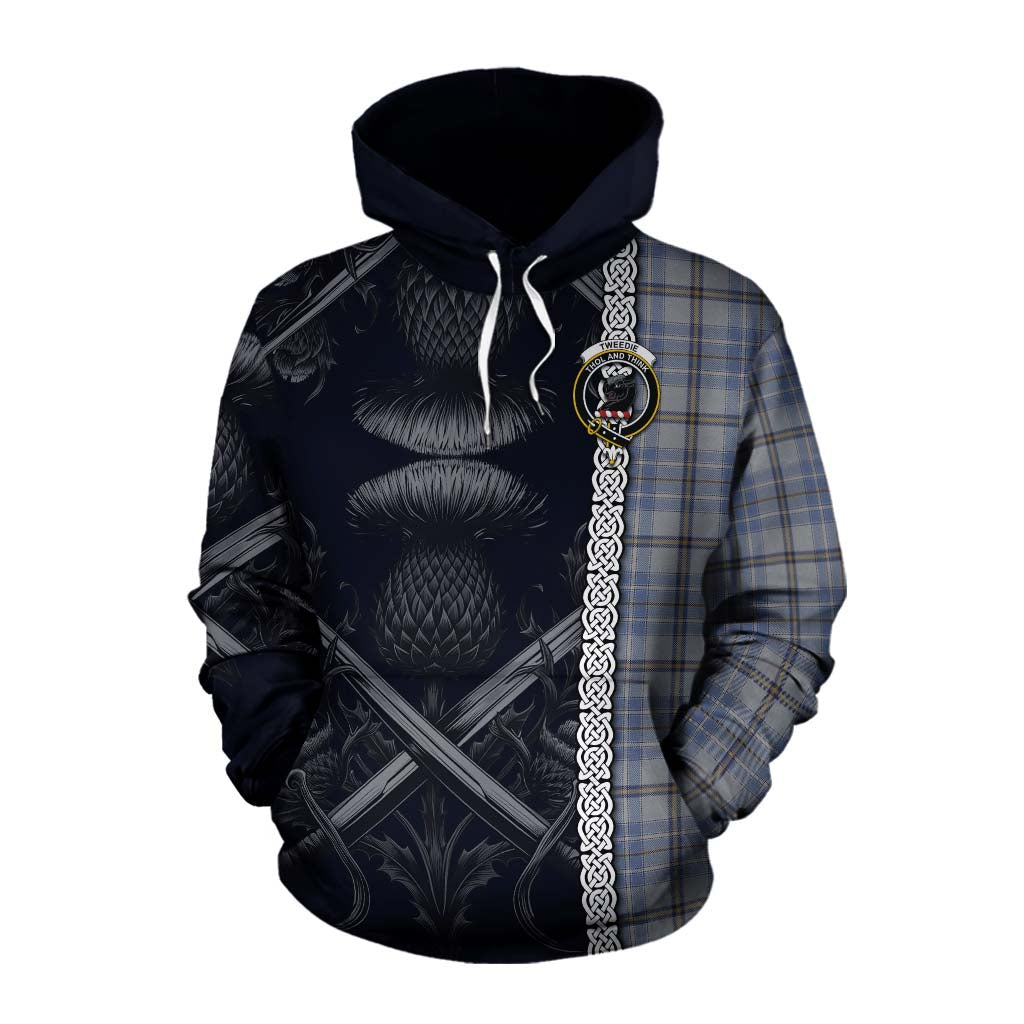 Tartan Vibes Clothing Tweedie Tartan Cotton Hoodie with Family Crest Cross Sword Thistle Celtic Vibes