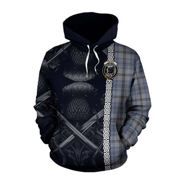 Tweedie Tartan Cotton Hoodie with Family Crest Cross Sword Thistle Celtic Vibes