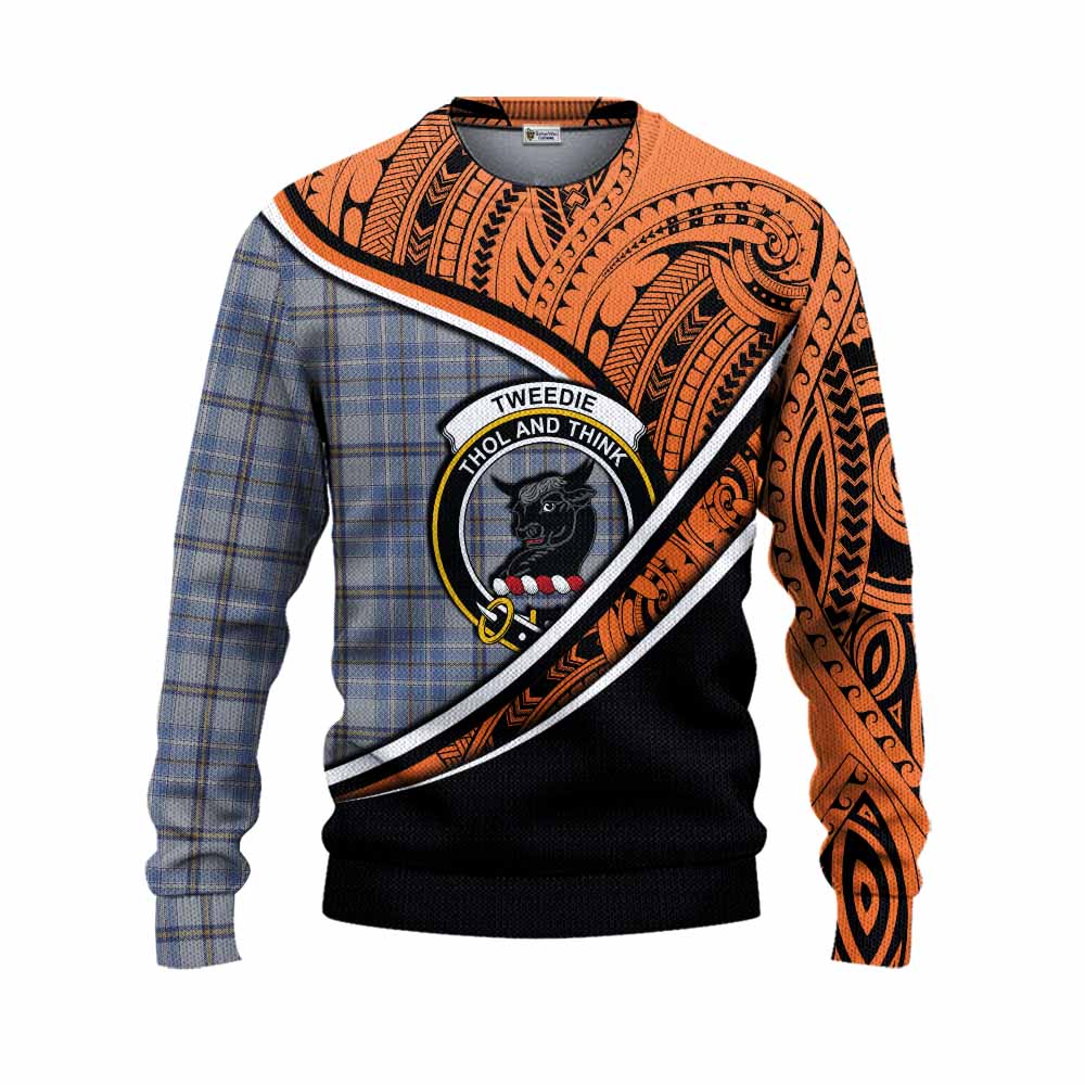 Tartan Vibes Clothing Tweedie Crest Tartan Knitted Sweater with Maori Tattoo Style - Orange Version