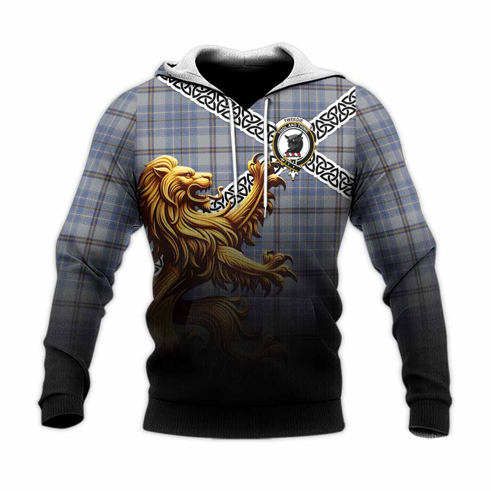 Tweedie Crest Tartan Knitted Hoodie with Golden Lion Emblem Celtic Style Unisex Knitted Pullover Hoodie - Tartan Vibes Clothing