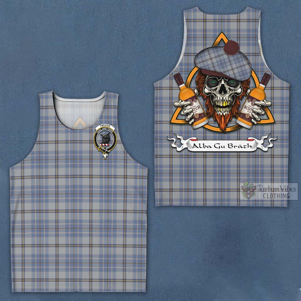 Tartan Vibes Clothing Tweedie Tartan Men's Tank Top with Family Crest and Bearded Skull Holding Bottles of Whiskey