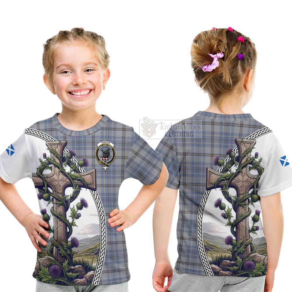 Tartan Vibes Clothing Tweedie Tartan Kid T-Shirt with Family Crest and St. Andrew's Cross Accented by Thistle Vines