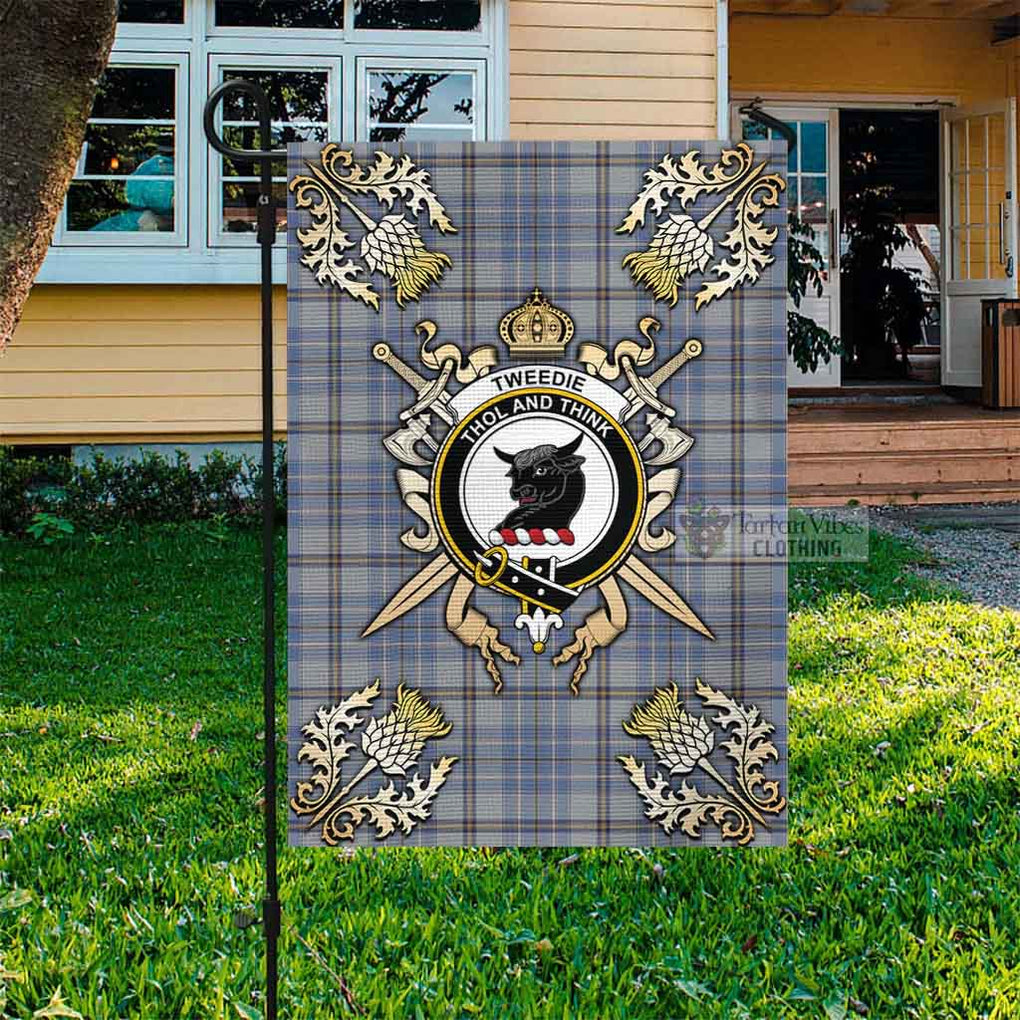 Tartan Vibes Clothing Tweedie Tartan Flag with Family Crest and Golden Thistle Crossed Sword Design