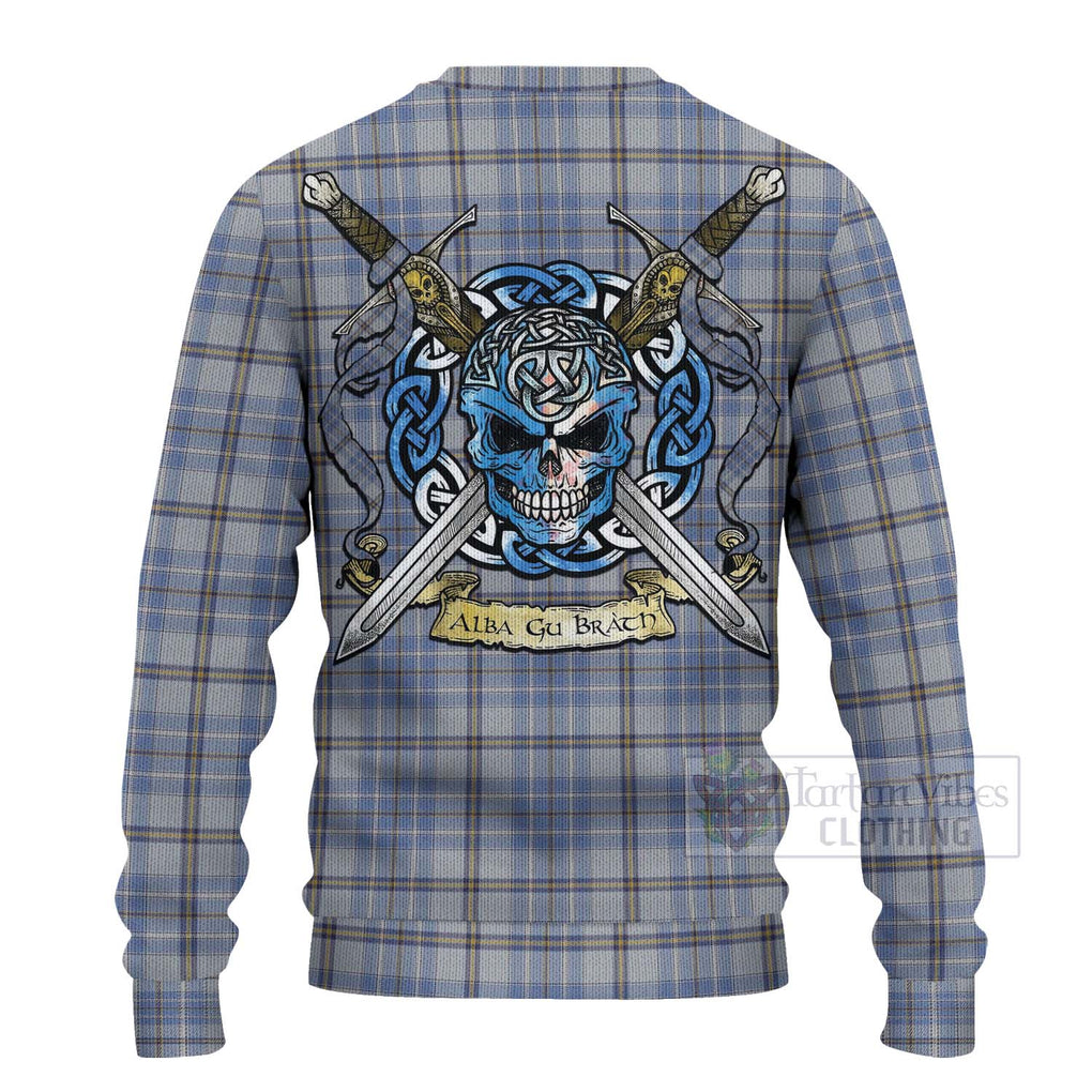 Tartan Vibes Clothing Tweedie Tartan Knitted Sweater with Family Crest Celtic Skull Style