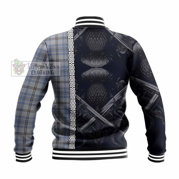 Tweedie Tartan Baseball Jacket with Family Crest Cross Sword Thistle Celtic Vibes