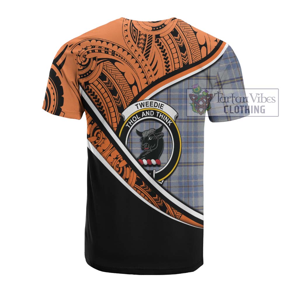 Tartan Vibes Clothing Tweedie Crest Tartan Cotton T-shirt with Maori Tattoo Style - Orange Version