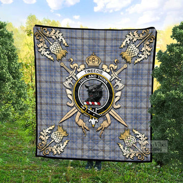 Tweedie Tartan Quilt with Family Crest and Golden Thistle Crossed Sword Design