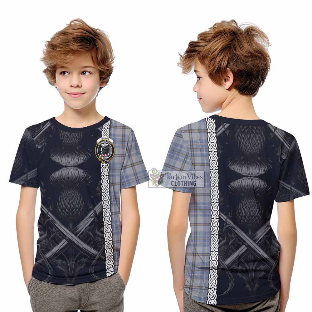 Tartan Vibes Clothing Tweedie Tartan Kid T-Shirt with Family Crest Cross Sword Thistle Celtic Vibes