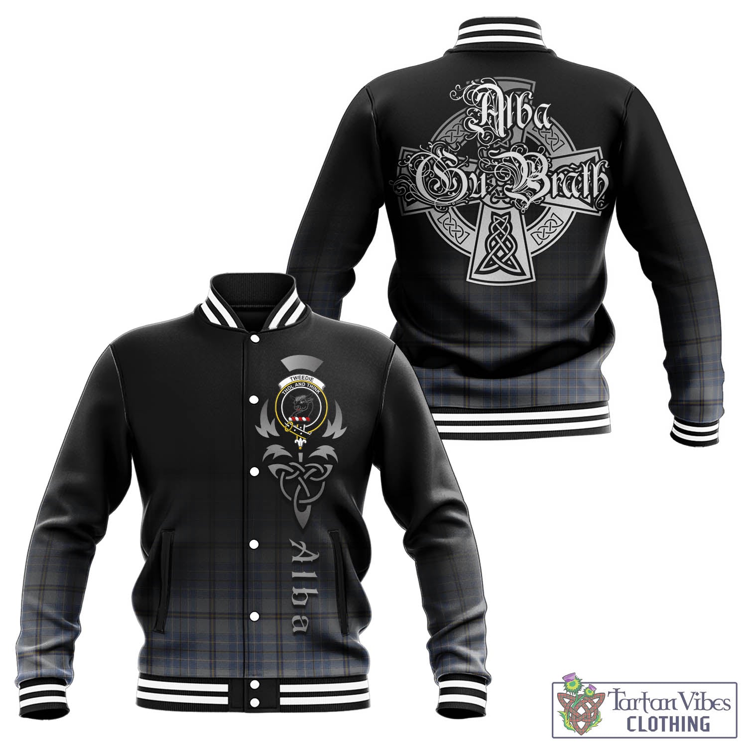 Tartan Vibes Clothing Tweedie Tartan Baseball Jacket Featuring Alba Gu Brath Family Crest Celtic Inspired