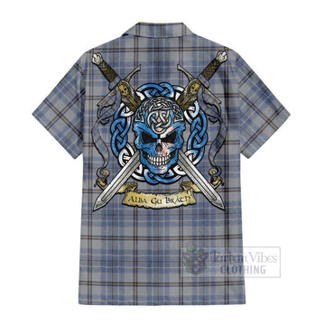 Tweedie Tartan Short Sleeve Button Shirt with Family Crest Celtic Skull Style