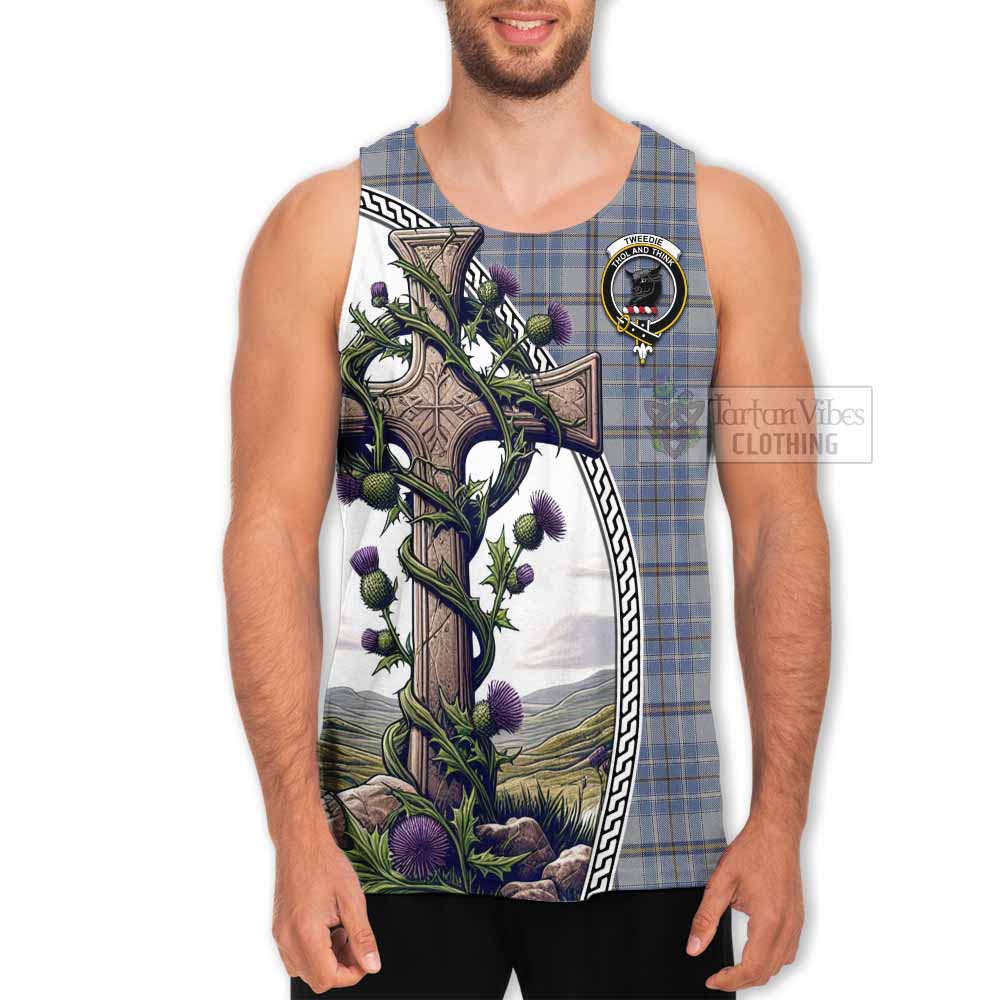 Tartan Vibes Clothing Tweedie Tartan Men's Tank Top with Family Crest and St. Andrew's Cross Accented by Thistle Vines