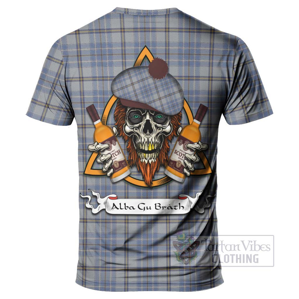 Tartan Vibes Clothing Tweedie Tartan T-Shirt with Family Crest and Bearded Skull Holding Bottles of Whiskey