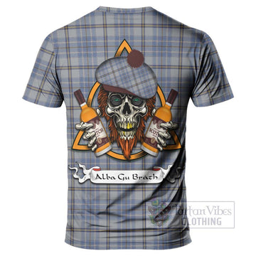 Tweedie Tartan T-Shirt with Family Crest and Bearded Skull Holding Bottles of Whiskey