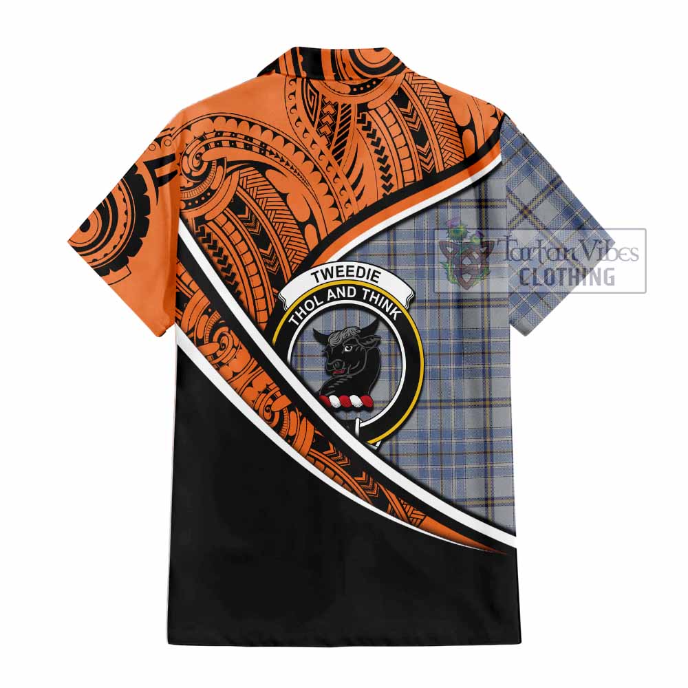 Tartan Vibes Clothing Tweedie Crest Tartan Short Sleeve Button Shirt with Maori Tattoo Style - Orange Version