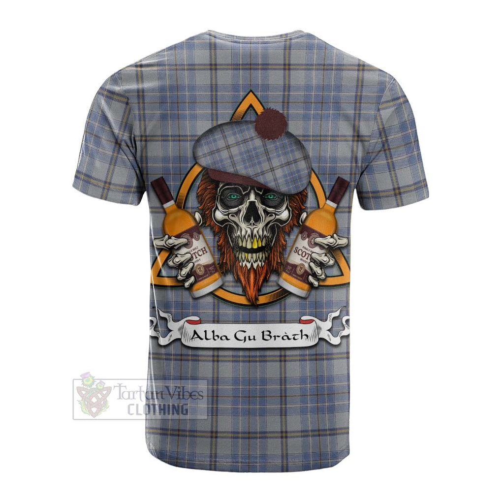 Tartan Vibes Clothing Tweedie Tartan Cotton T-shirt with Family Crest and Bearded Skull Holding Bottles of Whiskey