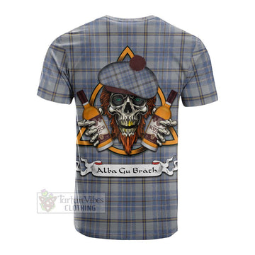 Tweedie Tartan Cotton T-shirt with Family Crest and Bearded Skull Holding Bottles of Whiskey