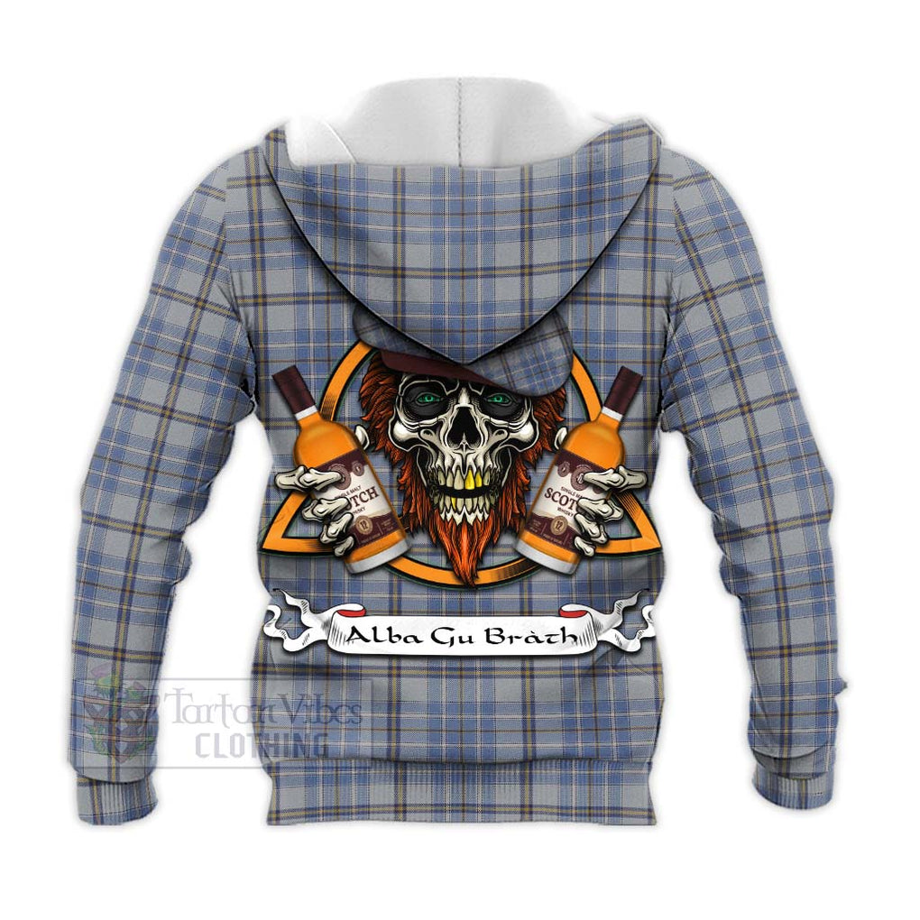 Tartan Vibes Clothing Tweedie Tartan Knitted Hoodie with Family Crest and Bearded Skull Holding Bottles of Whiskey