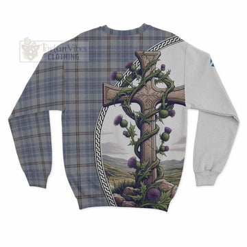 Tweedie Tartan Sweatshirt with Family Crest and St. Andrew's Cross Accented by Thistle Vines