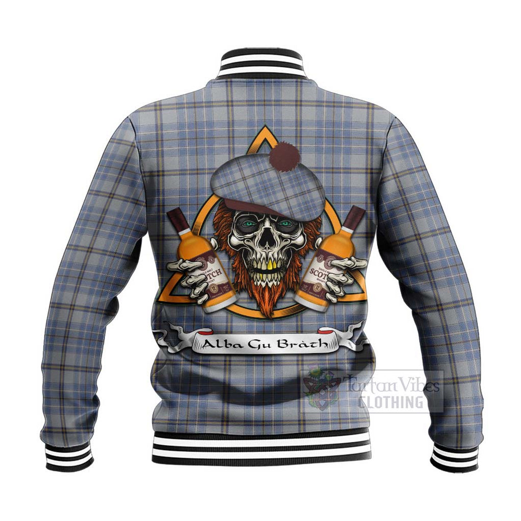 Tartan Vibes Clothing Tweedie Tartan Baseball Jacket with Family Crest and Bearded Skull Holding Bottles of Whiskey