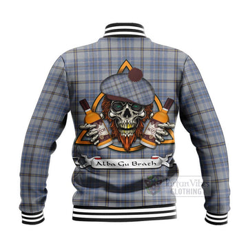 Tweedie Tartan Baseball Jacket with Family Crest and Bearded Skull Holding Bottles of Whiskey