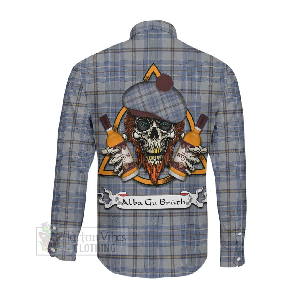 Tartan Vibes Clothing Tweedie Tartan Long Sleeve Button Shirt with Family Crest and Bearded Skull Holding Bottles of Whiskey