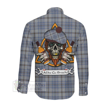 Tweedie Tartan Long Sleeve Button Shirt with Family Crest and Bearded Skull Holding Bottles of Whiskey