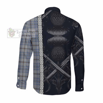 Tweedie Tartan Long Sleeve Button Shirt with Family Crest Cross Sword Thistle Celtic Vibes