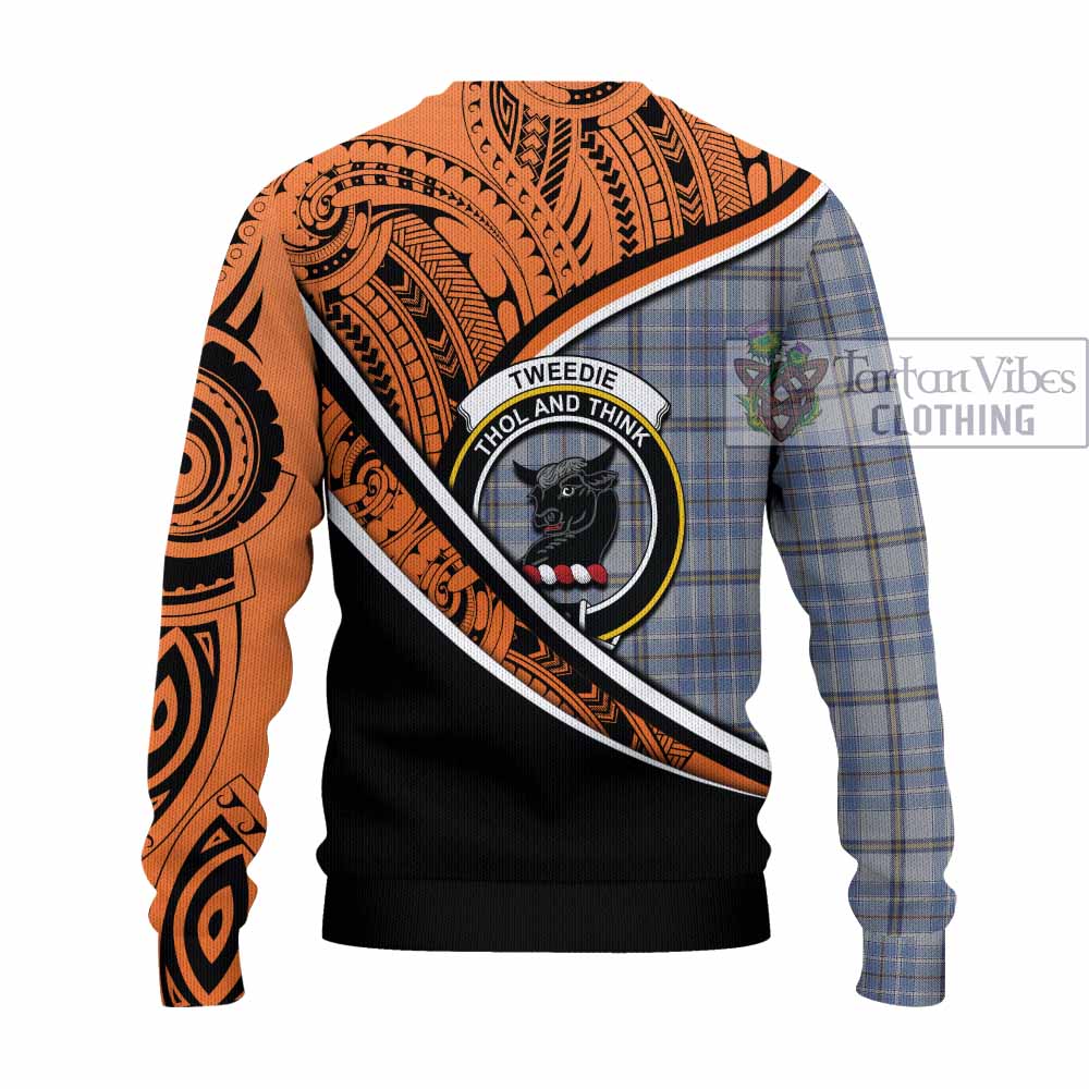 Tartan Vibes Clothing Tweedie Crest Tartan Knitted Sweater with Maori Tattoo Style - Orange Version