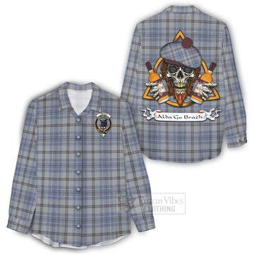 Tweedie Tartan Women's Casual Shirt with Family Crest and Bearded Skull Holding Bottles of Whiskey