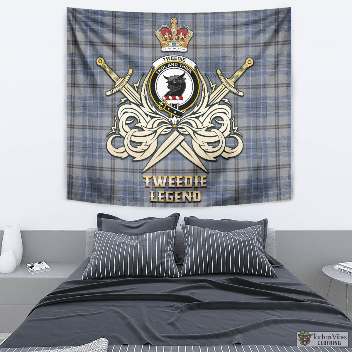 Tartan Vibes Clothing Tweedie Tartan Tapestry with Clan Crest and the Golden Sword of Courageous Legacy