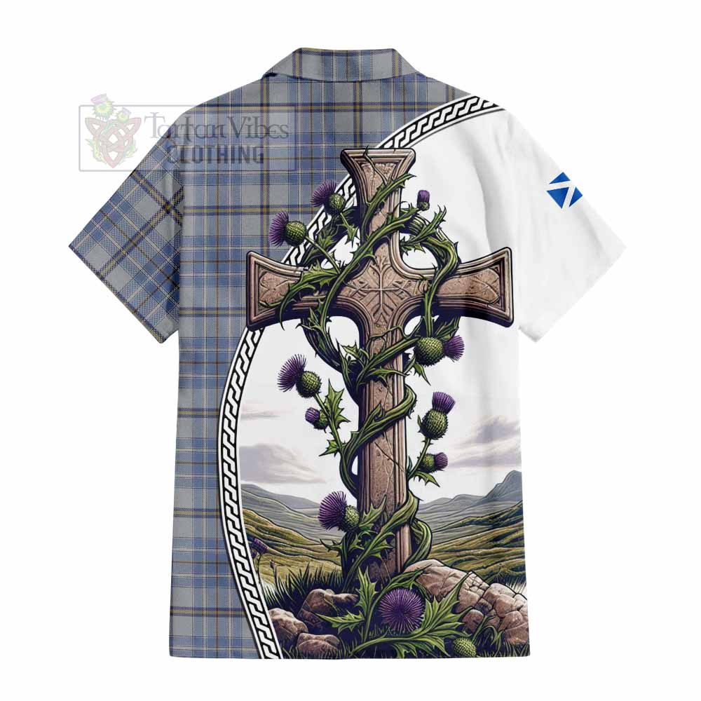 Tartan Vibes Clothing Tweedie Tartan Short Sleeve Button Shirt with Family Crest and St. Andrew's Cross Accented by Thistle Vines