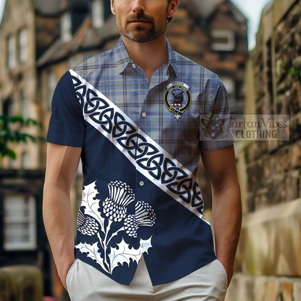 Tartan Vibes Clothing Tweedie Tartan Short Sleeve Button Shirt Featuring Thistle and Scotland Map