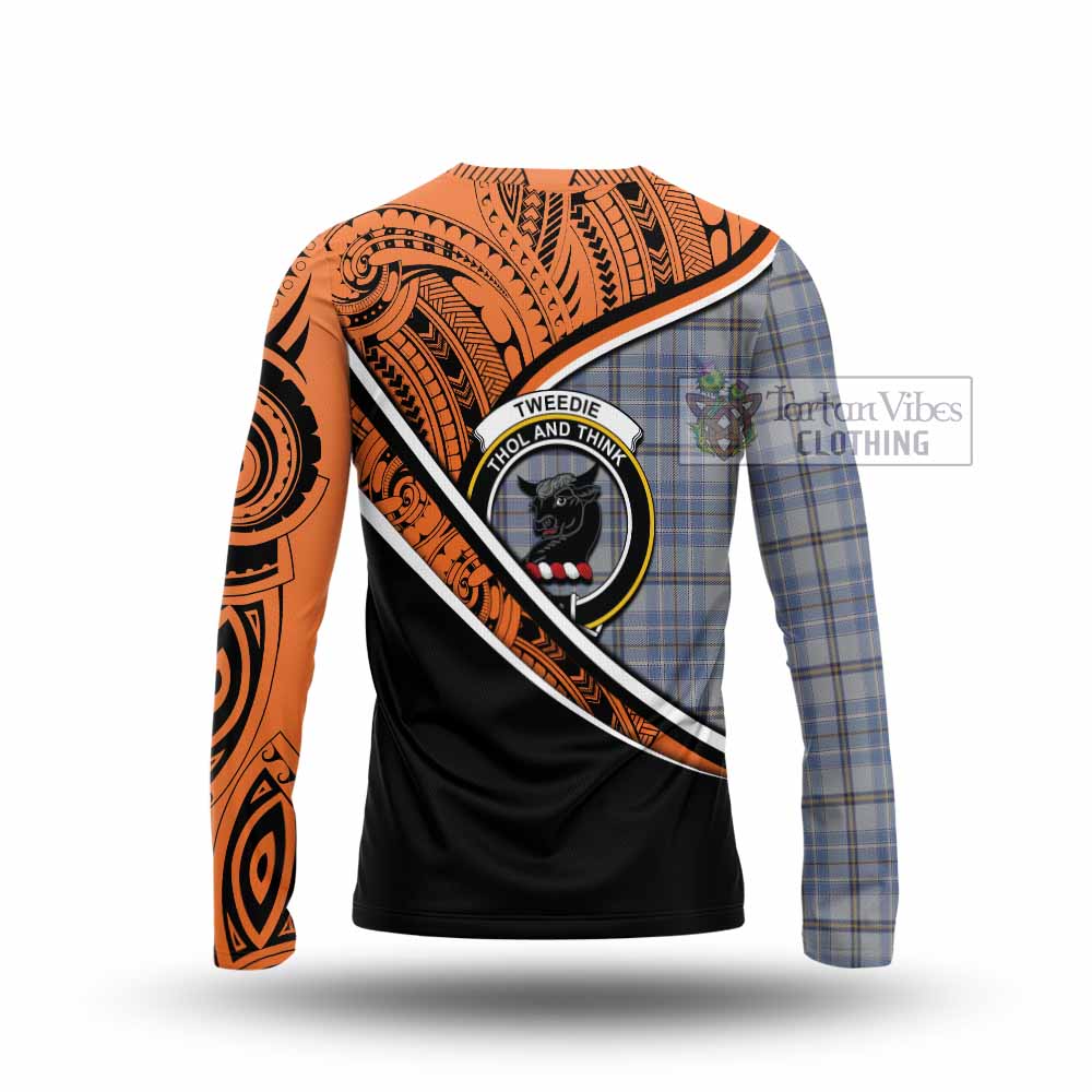 Tartan Vibes Clothing Tweedie Crest Tartan Long Sleeve T-Shirt with Maori Tattoo Style - Orange Version