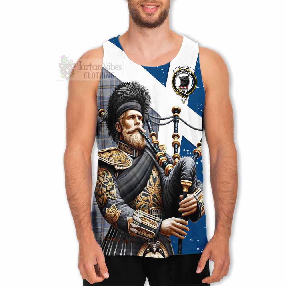 Tweedie Tartan Men's Tank Top with Family Crest Scottish Bagpiper Vibes