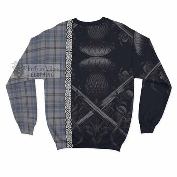 Tweedie Tartan Sweatshirt with Family Crest Cross Sword Thistle Celtic Vibes