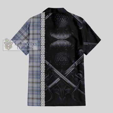 Tweedie Tartan Short Sleeve Button Shirt with Family Crest Cross Sword Thistle Celtic Vibes