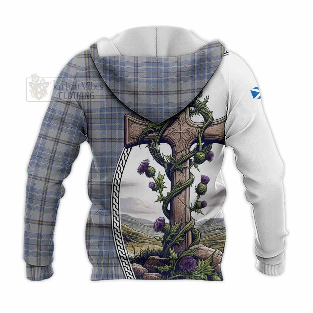 Tartan Vibes Clothing Tweedie Tartan Knitted Hoodie with Family Crest and St. Andrew's Cross Accented by Thistle Vines