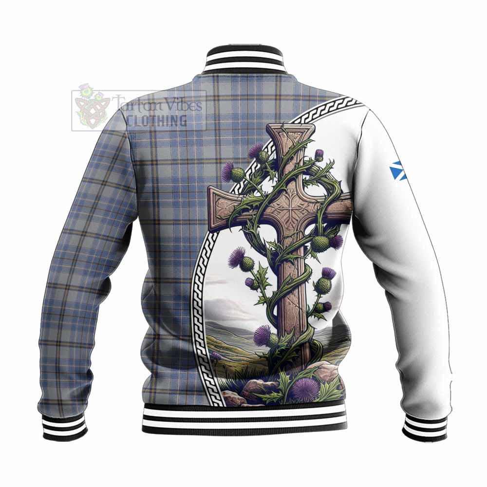 Tartan Vibes Clothing Tweedie Tartan Baseball Jacket with Family Crest and St. Andrew's Cross Accented by Thistle Vines