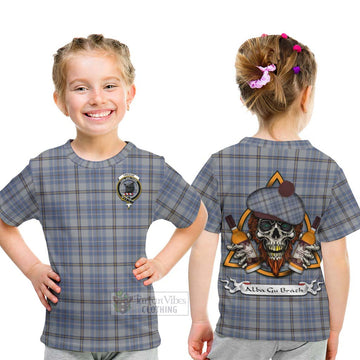 Tweedie Tartan Kid T-Shirt with Family Crest and Bearded Skull Holding Bottles of Whiskey