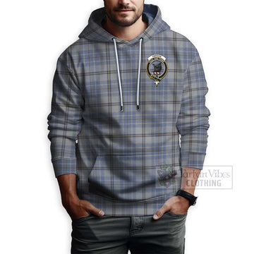 Tweedie Tartan Hoodie with Family Crest and Bearded Skull Holding Bottles of Whiskey